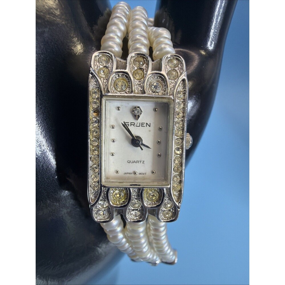 Gruen Women GR7365 Fashion Pearl Bracelet Quartz 17mm Watch 7-1/2” New Battery